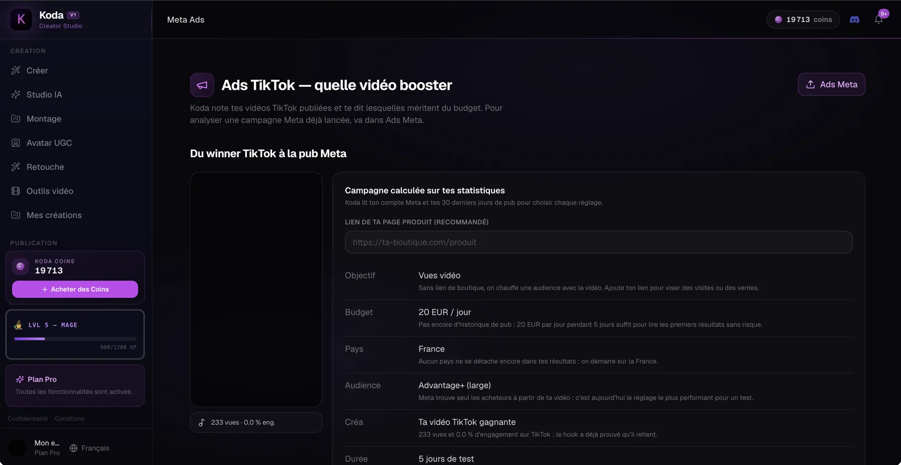The Meta Ads screen in Koda, showing a campaign built from a TikTok video that already performed: objective, daily budget, country, audience, creative and test duration, each line stating the reason it was chosen.