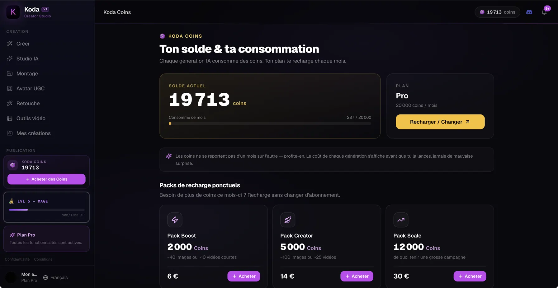 The Koda Coins screen in a signed-in account: the current balance, the monthly grant attached to the plan, how much of it has been spent this month, and three one-off top-up packs priced in euros.