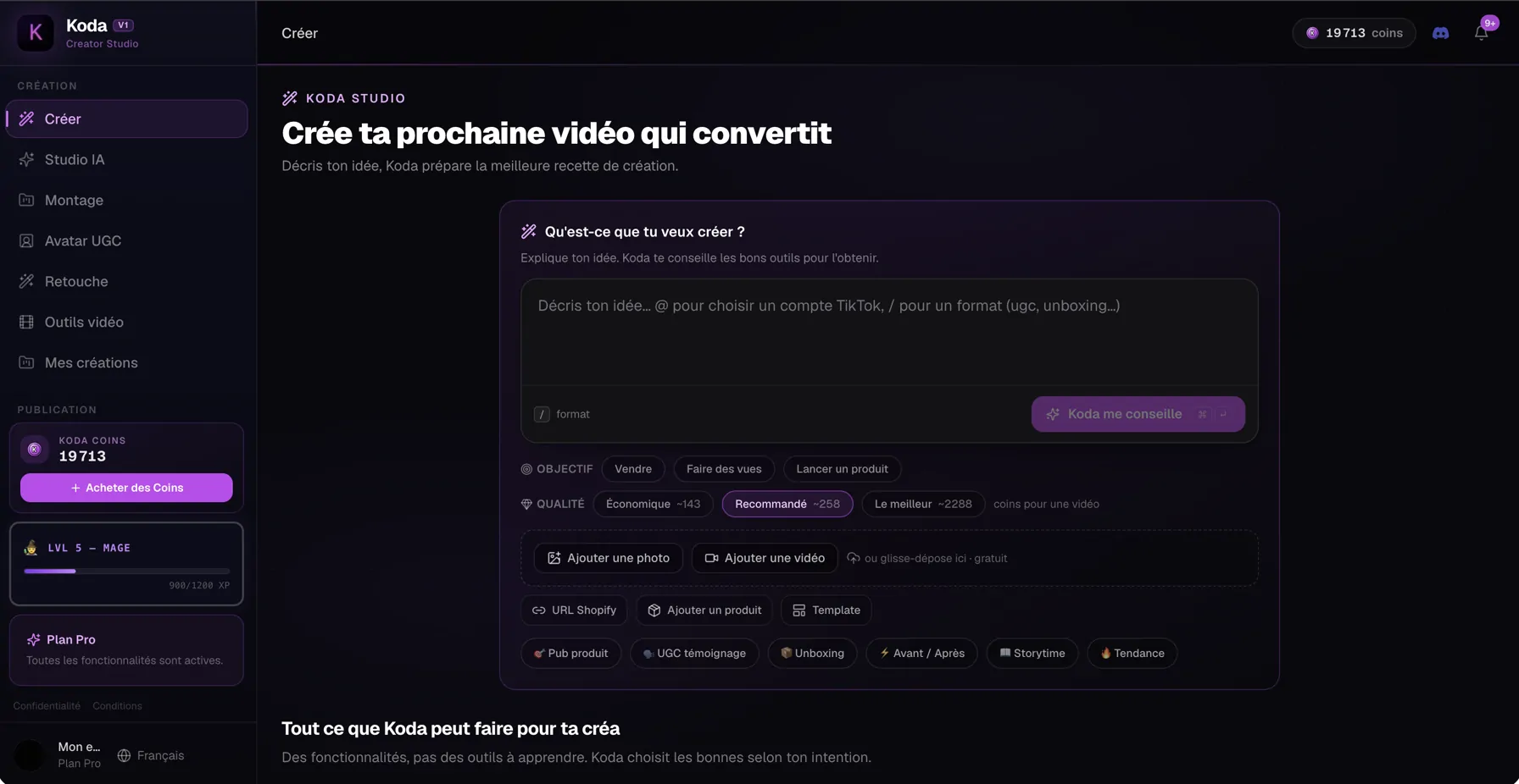 The Create screen in Koda: a single field where the idea is typed in plain language, with an objective row, a quality row priced in coins, and buttons to attach a photo, a video or a Shopify product URL.