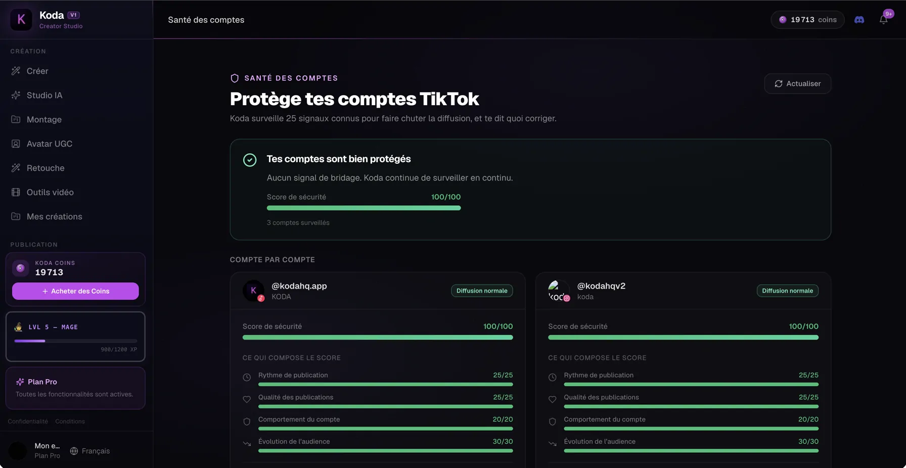 The Account health screen in Koda: an overall security score of 100/100 across monitored accounts, then a card per account breaking the score into posting rhythm, post quality, account behaviour and audience trend.