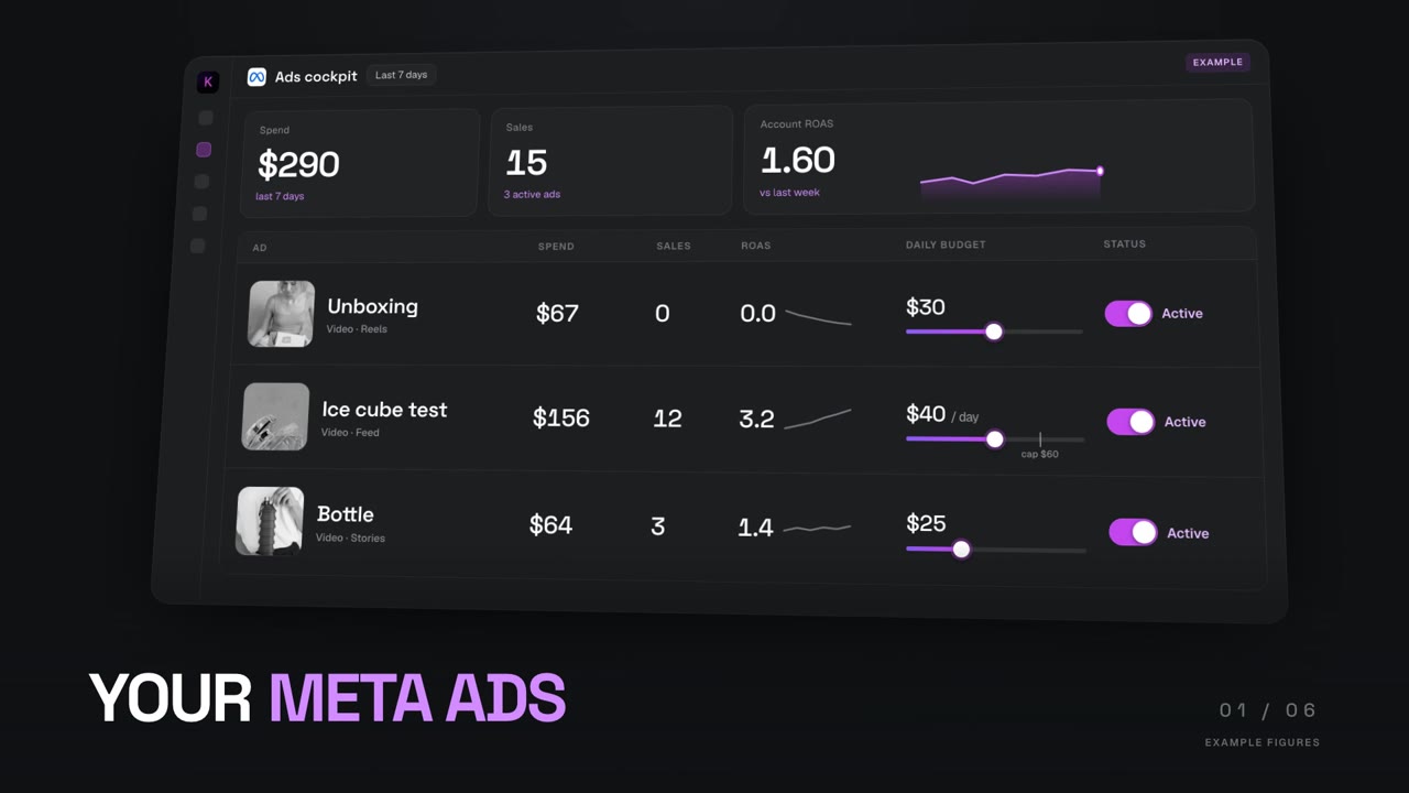 Koda's Meta ads cockpit, example figures: spend, sales, ROAS and daily budget for each ad, from the one that spends without selling to the one that sells